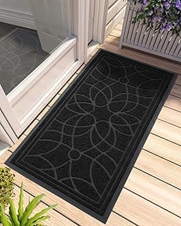 Front Door Mat Outside Entrance, Heavy Duty Non Slip Low Profile Doormat for Entryway, Trap Dirt and Moisture Welcome Mats, Easy Clean, Patio, Garage, 4x2, Black