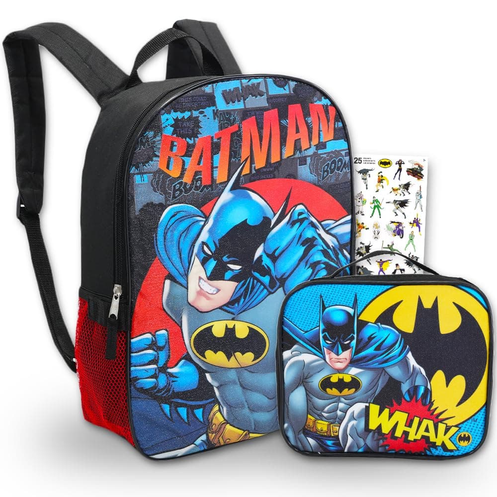 BATMANBackpack and Lunch Box Set for Boys Kids ~ 3 Pc Bundle With Deluxe 16" Batman Backpack with Detachable Insulated Lunch Bag and Stickers (Batman School Supplies)