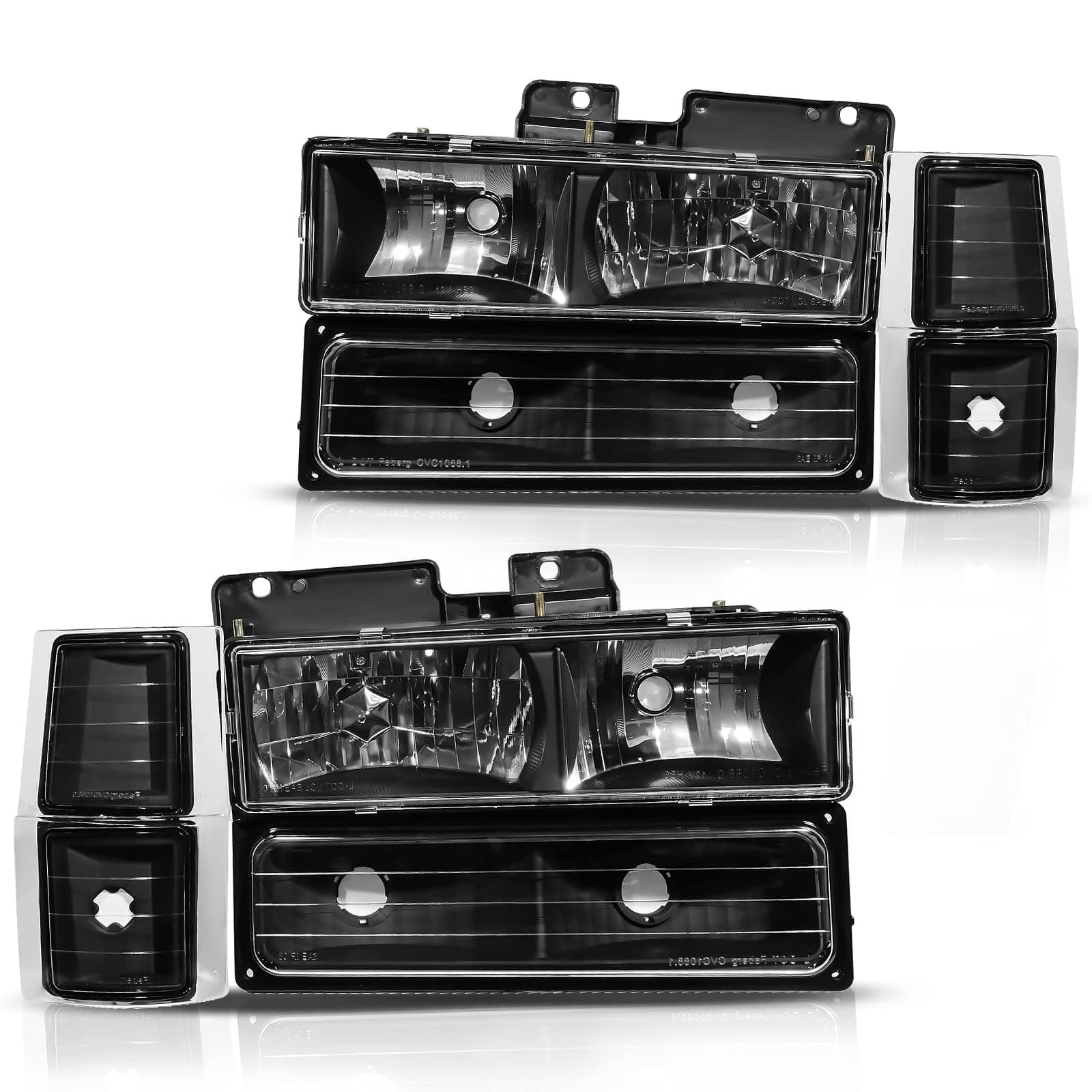 Headlight Assembly Compatible with 1994-1999 Chevy C/K Series 1500 2500 3500/Tahoe/Suburban/Silverado Crystal Headlamp w/Corner & Bumper Lights Black Housing