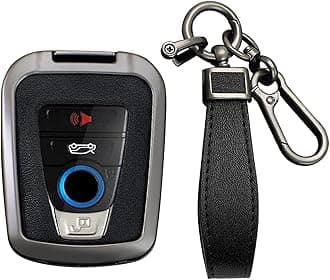KUNIO PU Leather+Zinc Alloy 4 Button Smart Key Fob Cover Case Fit for BMW 2014-2019 I3 2014-2020 I8 Keyless Key Holder with Leather Keychain Car Accessory B Gun Black