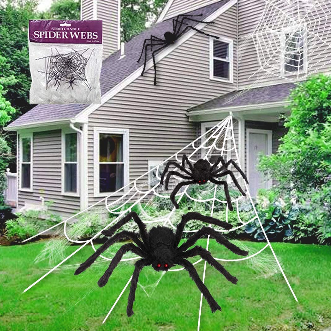 Sugaroom Halloween Decor with 16 Ft Halloween Spider Web + 30" Giant Spider + 20" Spooky Hairy Spider + 2 Small Black Spiders + 200sqft Fake Spider Web Cobwebs for Indoor Outdoor Halloween Decorations