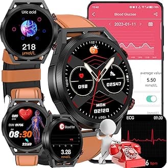 Blood Glucose Smart Watch, ECG HRV Fitness Tracker with Heart Rate Blood Pressure Uric Acid Measurement, Blood Lipid Monitoring, 20 Sports Modes, Text & Call, for Men & Women,Brown