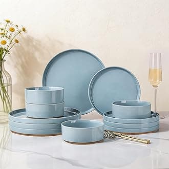 AmorArc Ceramic Dinnerware Set for 4 | Speckled Stoneware Plates and Bowls with unglazed terracotta | Scratch Resistant, Dishwasher & Microwave Safe Dishes Sets- 12-Pcs Blue