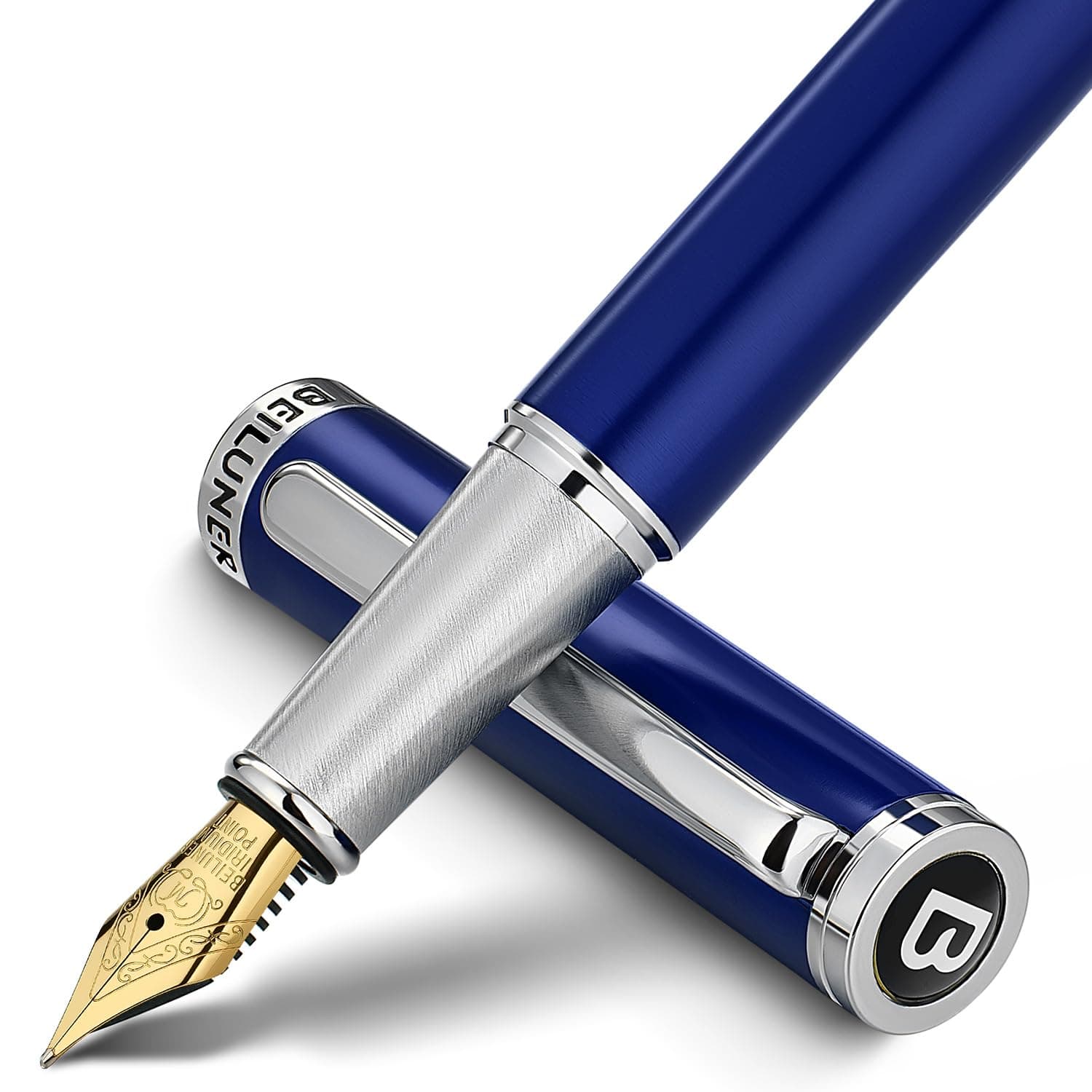 BEILUNER Luxury Fountain Pen Set,Solid 24K Gilded Medium Nib, Modern Classic Limited Edition -Includes 6 Ink Cartridges&Ink Refill Converter with Gift Case-Perfect for Men and Women（Charming blue）