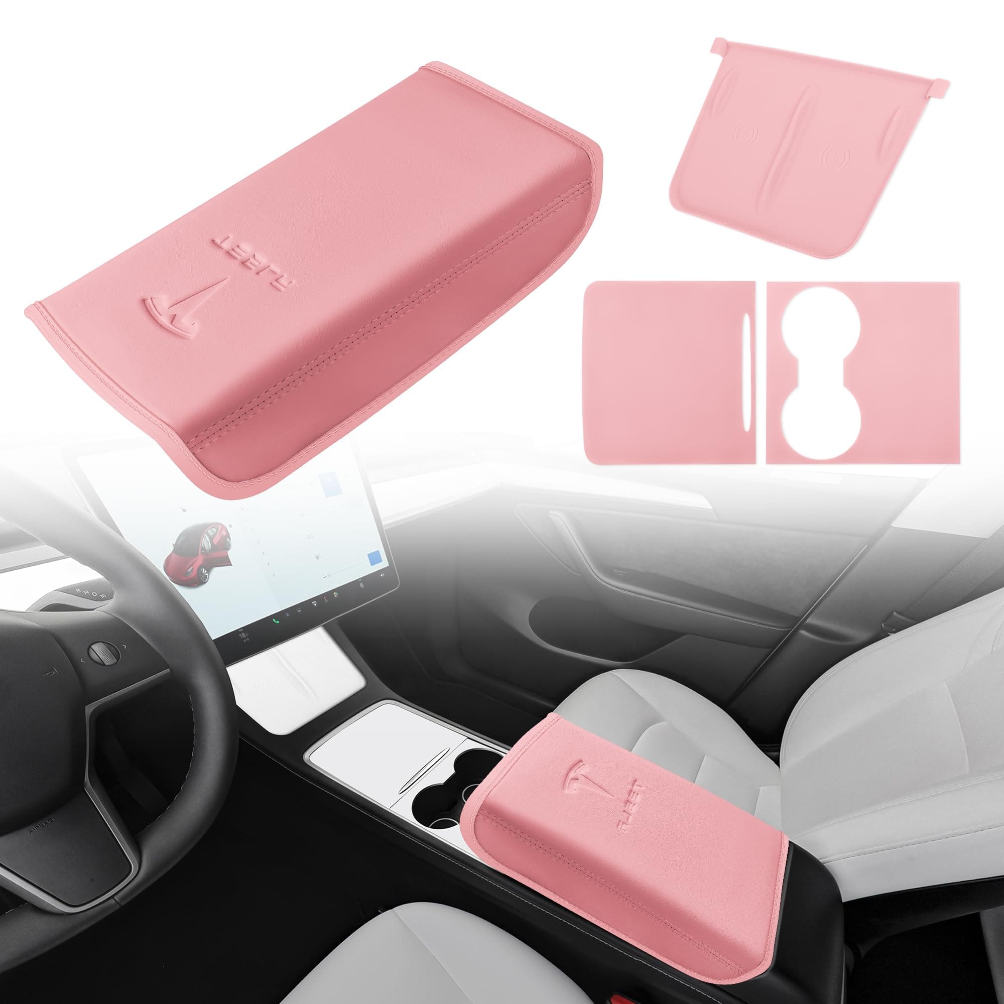Tinlucys Center Console Cover,Interior Accessories Designed for Tesla Model 3 Model Y,Leather Armrest Cover,Center Console Wrap Cover,Waterproof Wireless Charger Silicone Mat.(Pink 3Pcs)