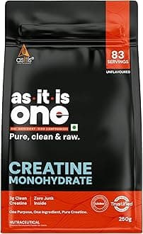 AS-IT-IS Nutrition Creatine Monohydrate 250gms/8.8 Oz | USA Labdoor Certified for Accuracy & Purity Preworkout 2.5g Per Serving Free of Fillers and Preservatives