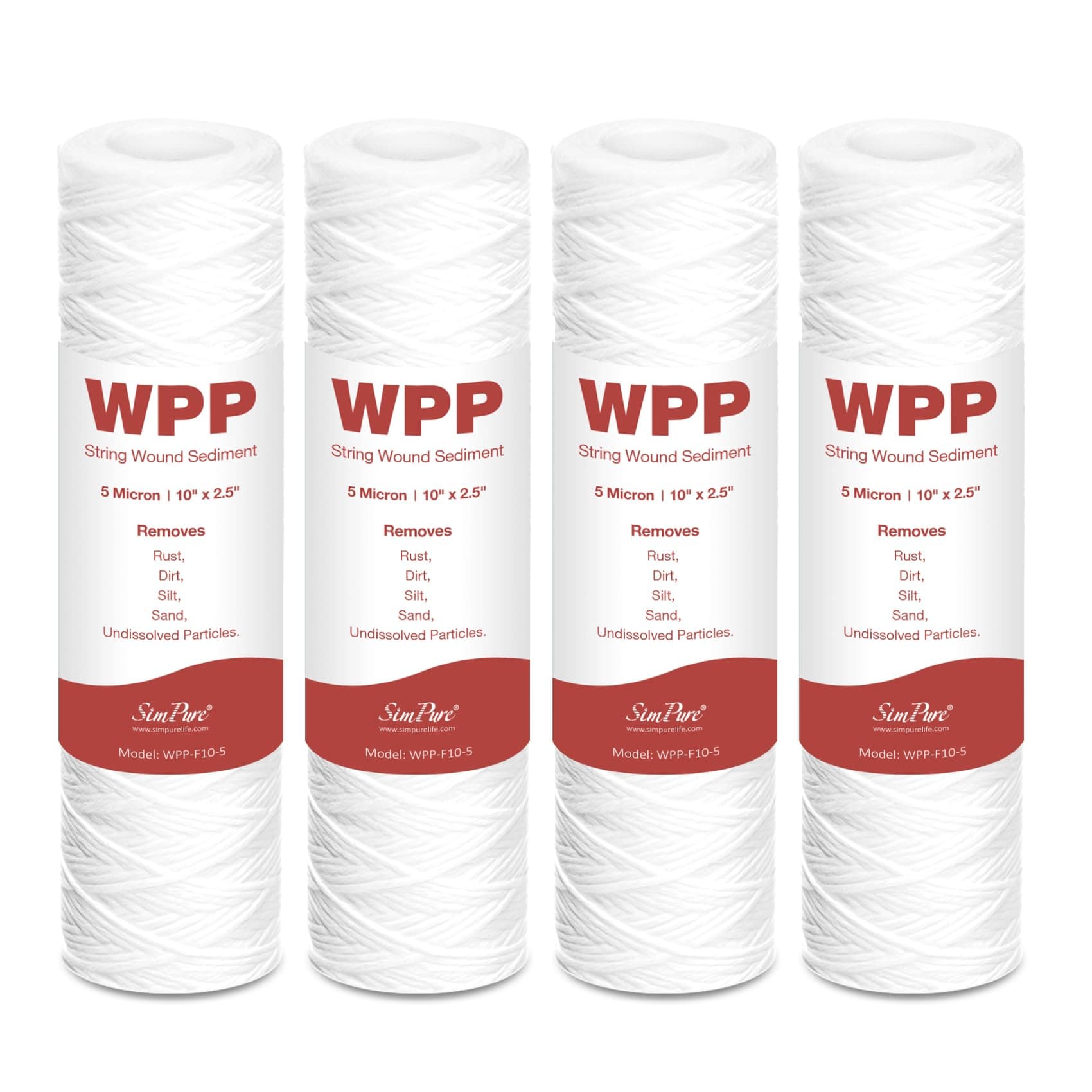 5 Micron 10" x 2.5" String Wound Whole House Water Filter Cartridge for Well Water, SimPure Sediment Filter Replacement for Housing DB1025 AP110 (4 Pack)