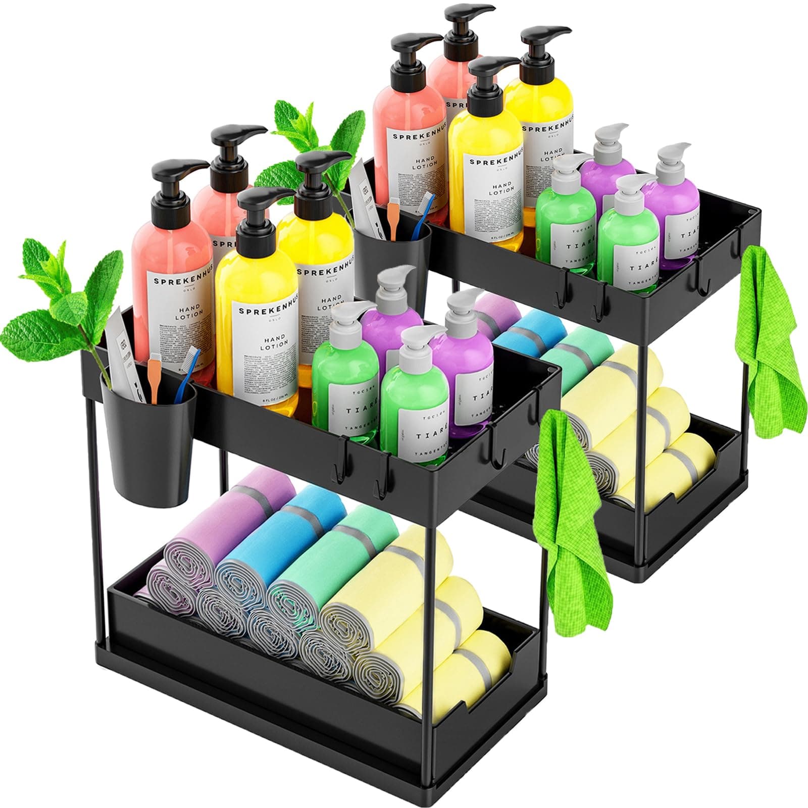 2 Pack Under Sink Organizer,2 Tier Under Bathroom Cabinet Organizer with Hooks Hanging Cup,Multi-Purpose Storage Shelf for Kitchen Bathroom,Black (2)