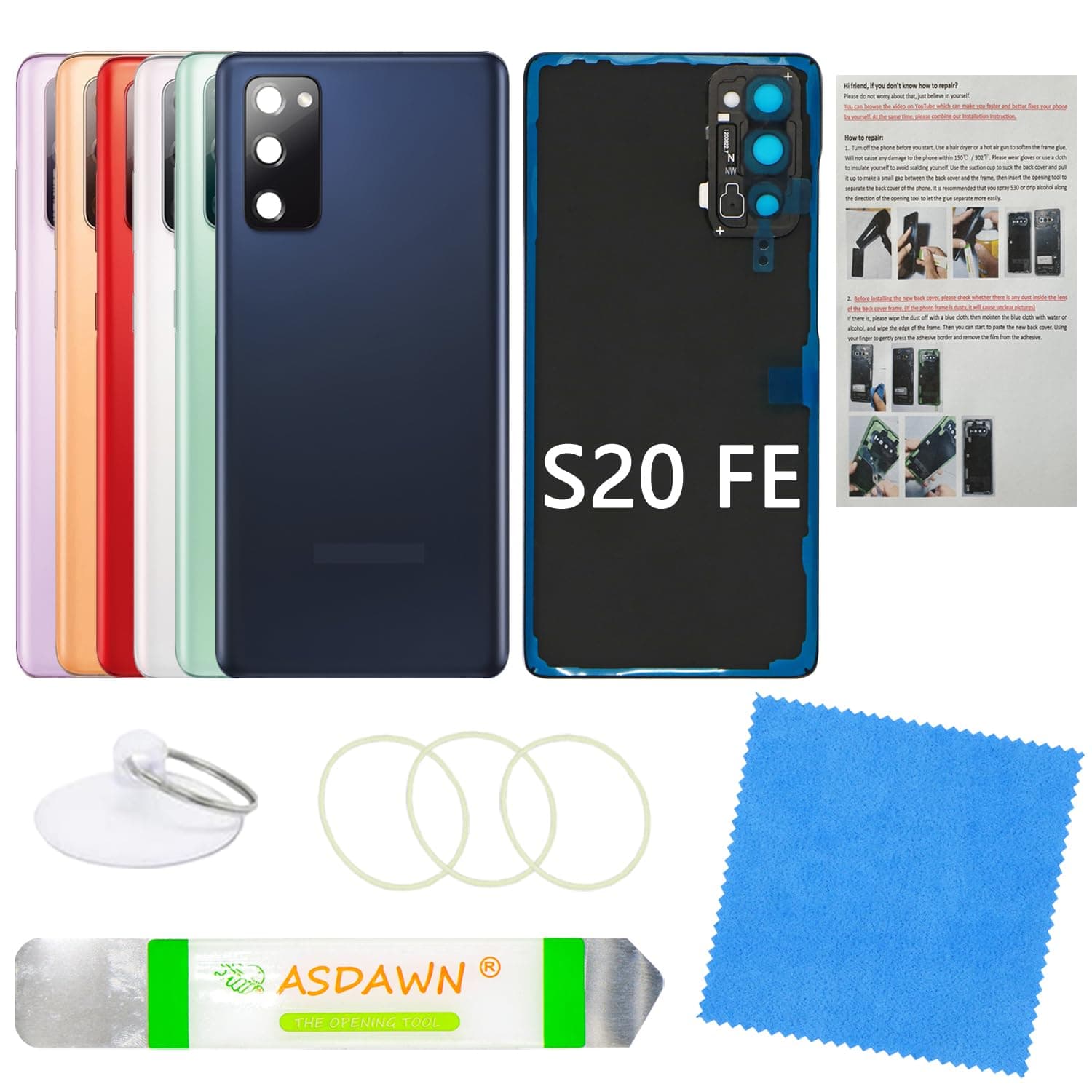 Galaxy S20 FE Back Cover Glass Replacement with Pre-Installed Camera Lens + Repair Tools for Samsung Galaxy S20 FE 5G SM-G780 SM-G781 All Carriers (Navy Black)