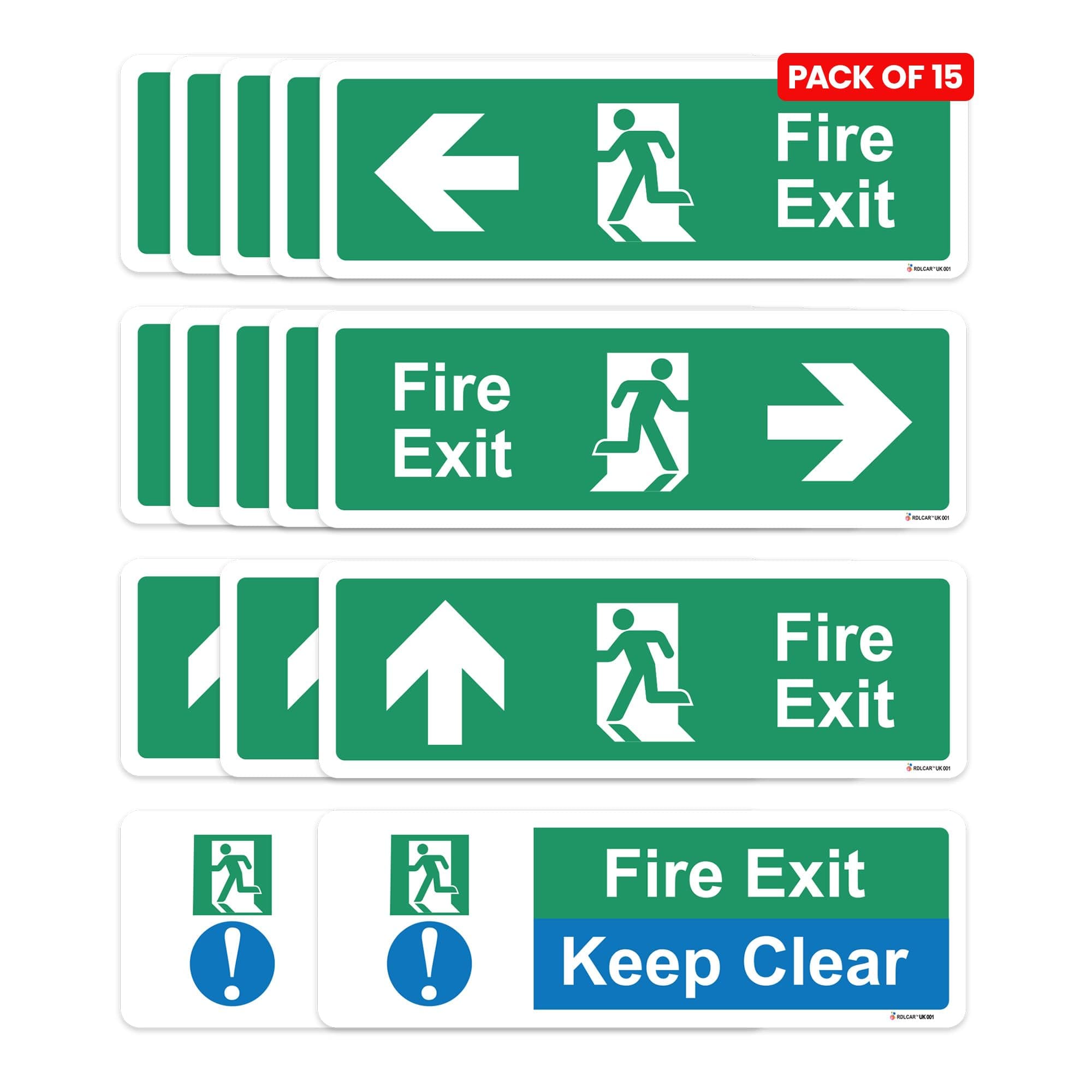 Safety Fire Exit Arrow Signs Pack of 15 Includes Left Right Up Arrows and Fire Exit Keep Clear Signs Self Adhesive 300mm x 100mm Door Mount Signage