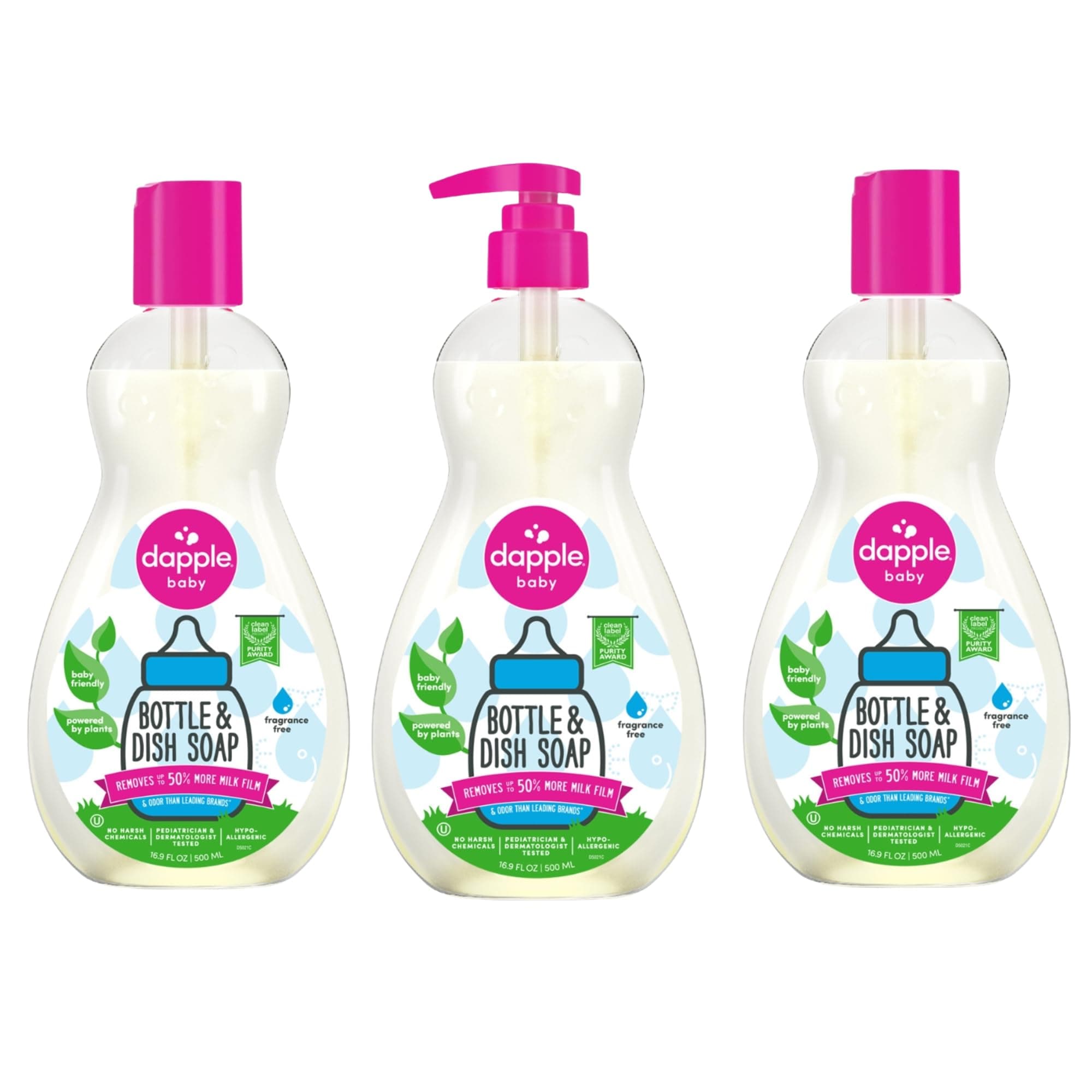 Baby Bottle Soap, Hypoallergenic Dish Soap for Baby Bottles, Powered by Plants, 1 Pump Included, Packaging May Vary, Fragrance Free, 16.9 Fl Oz (Pack of 3)