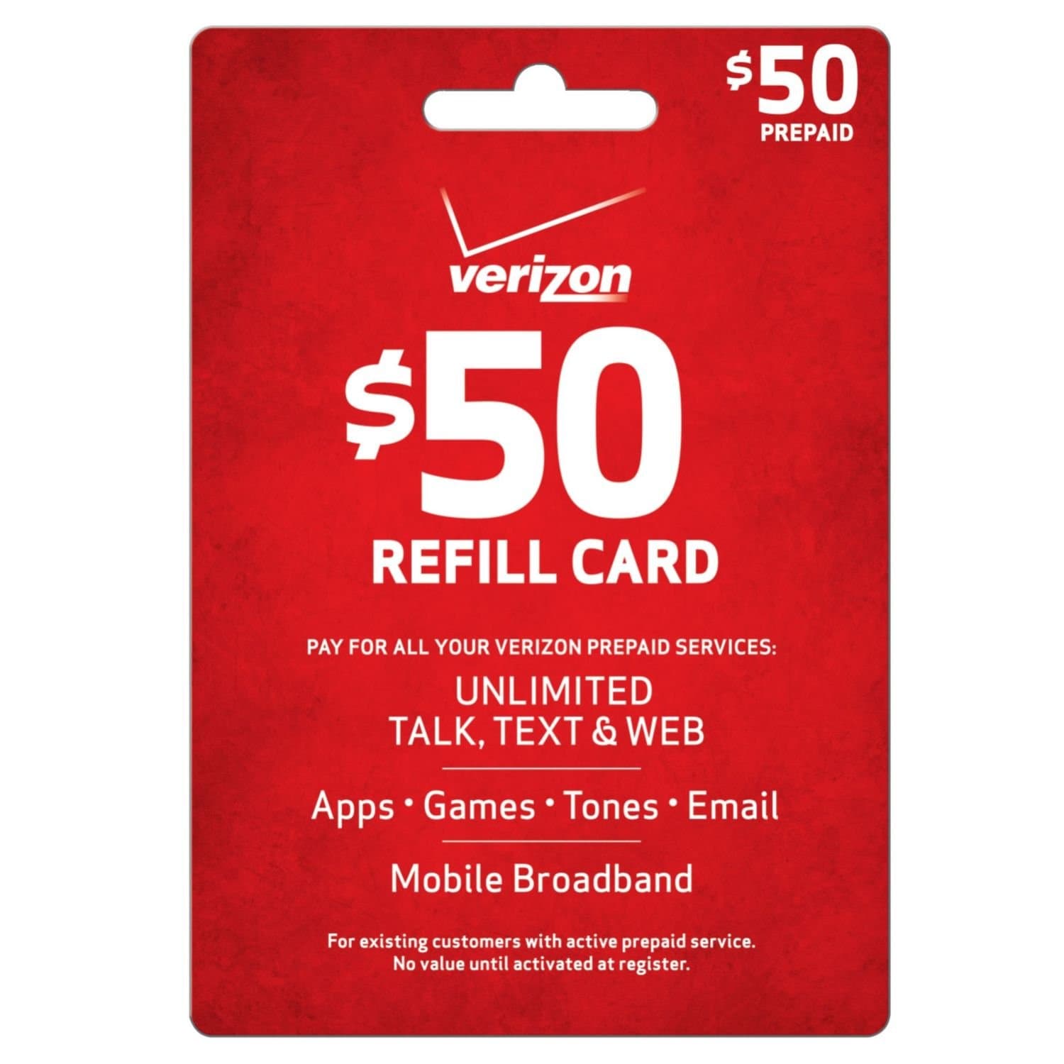 Verizon $50 Prepaid Refill Card (mail delivery)