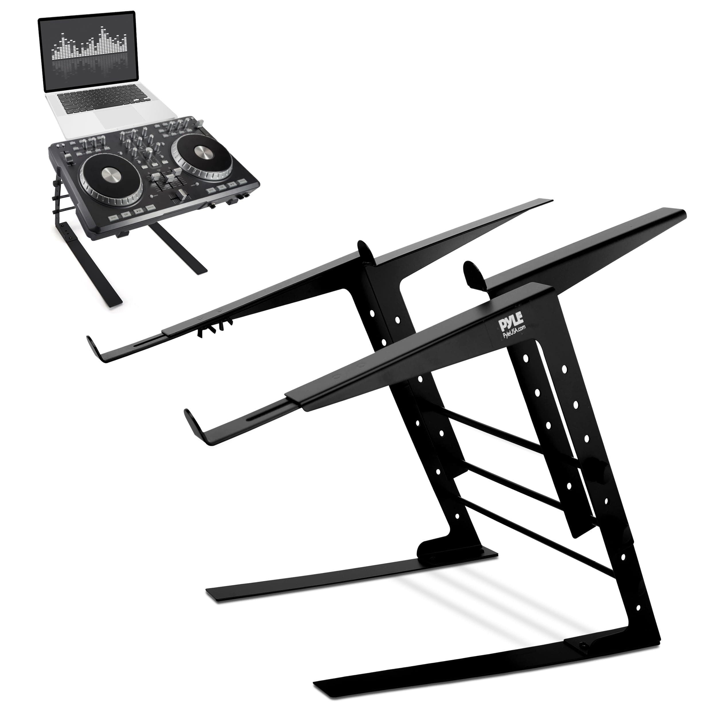 Pyle Portable Dual Laptop Stand - Standing Table with Adjustable Height, Ergonomic Design & Anti-Slip Prongs for DJ Mixer, Sound Equipment, Workstation, Gaming Home Use PLPTS38, Black