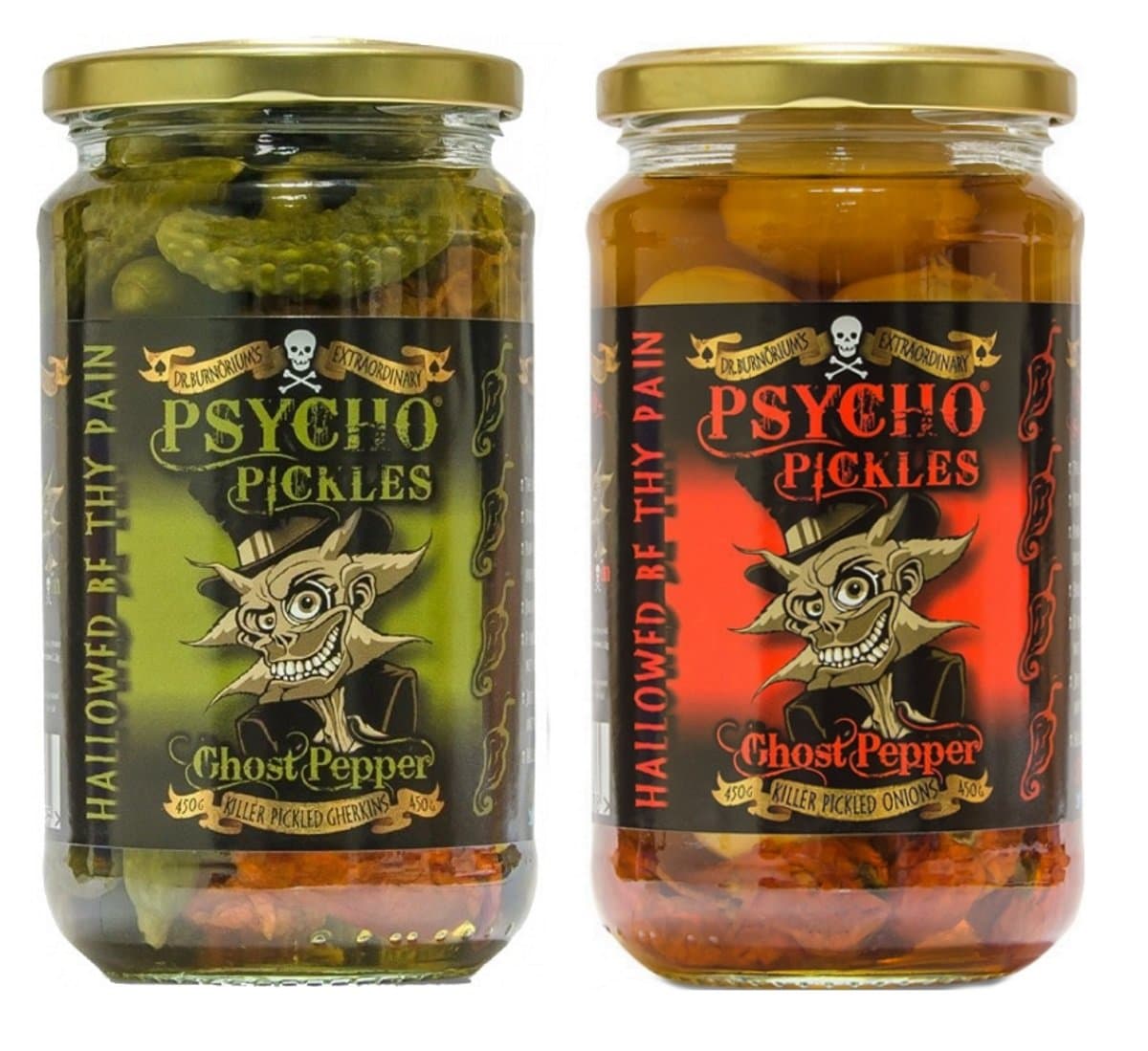 Psycho Juice Pickles Combo - Ghost Pepper Pickled Onions and Ghost Pepper Pickled Gherkins