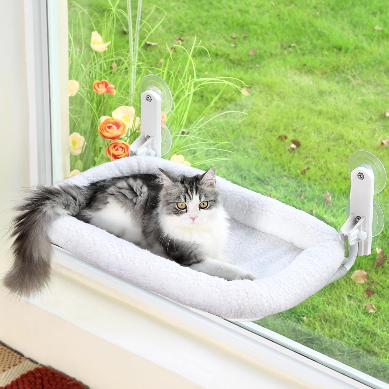 Foldable Cat Hammock for Window - Cordless, Embeded Machine Washable Bed, Robust Metal Frame - Cat Window Perch for Large Cats and Kittens (White Bolster Bed, Medium)