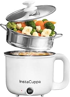 InstaCuppa 3-in-1 Multi Cook Kettle with Steamer, 1.2 L Inner Pot, Adjustable Temperature Settings, Wide Mouth, Ideal for Boiling Milk, Tea, Coffee, Eggs & Steaming Veggies, 600 Watts, Elegant White