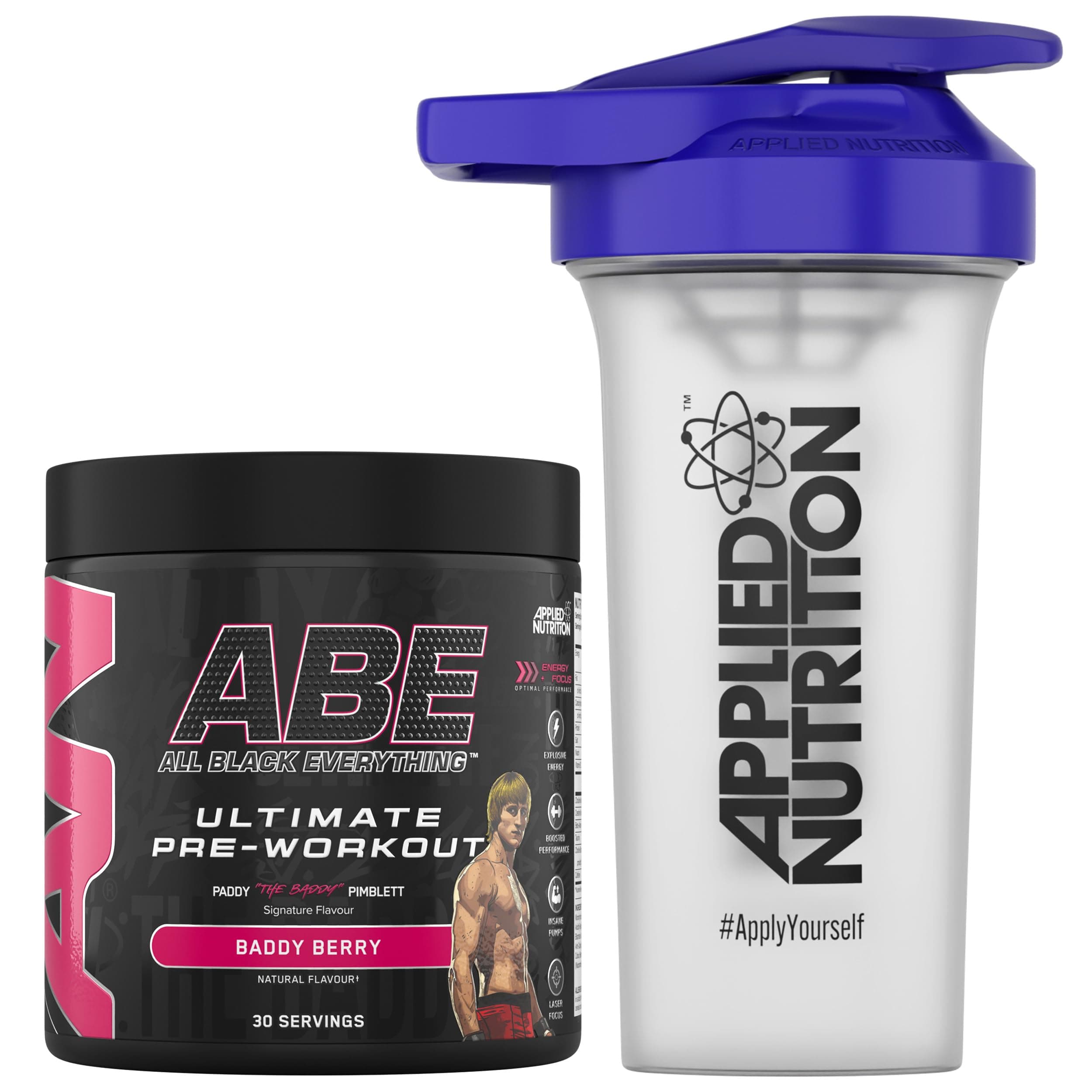 Applied Nutrition Bundle ABE Pre Workout 375g + 700ml Protein Shaker | All Black Everything Pre Workout Powder, Energy & Physical Performance with Creatine, Beta Alanine (Baddy Berry)