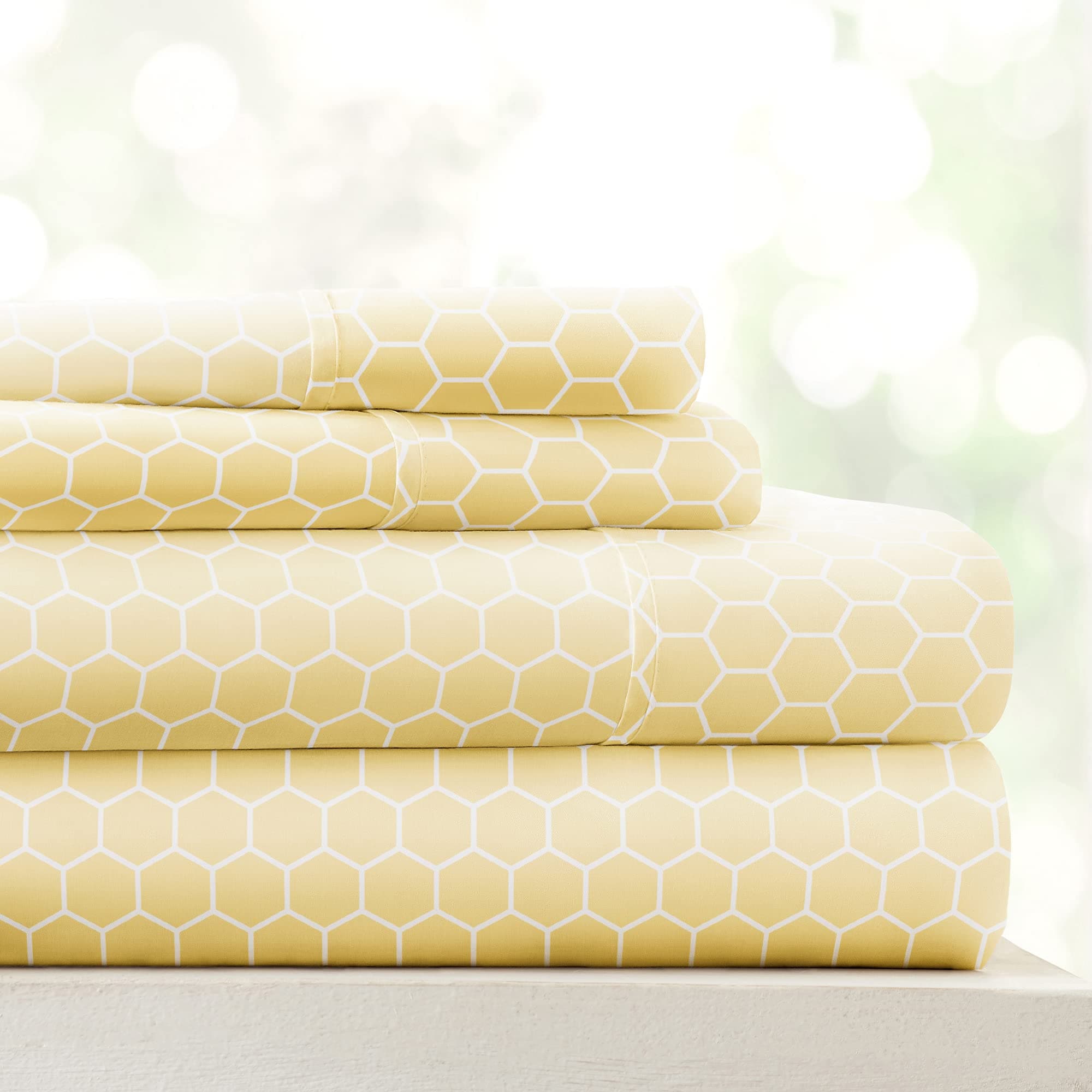 Linen Market Patterned Microfiber King Sheet Set 4 Piece – Oeko-TEX Certified Ultra Soft & Wrinkle-Free - 16" Deep Pocket Sheets - Easy Care King Size - Honeycomb Yellow