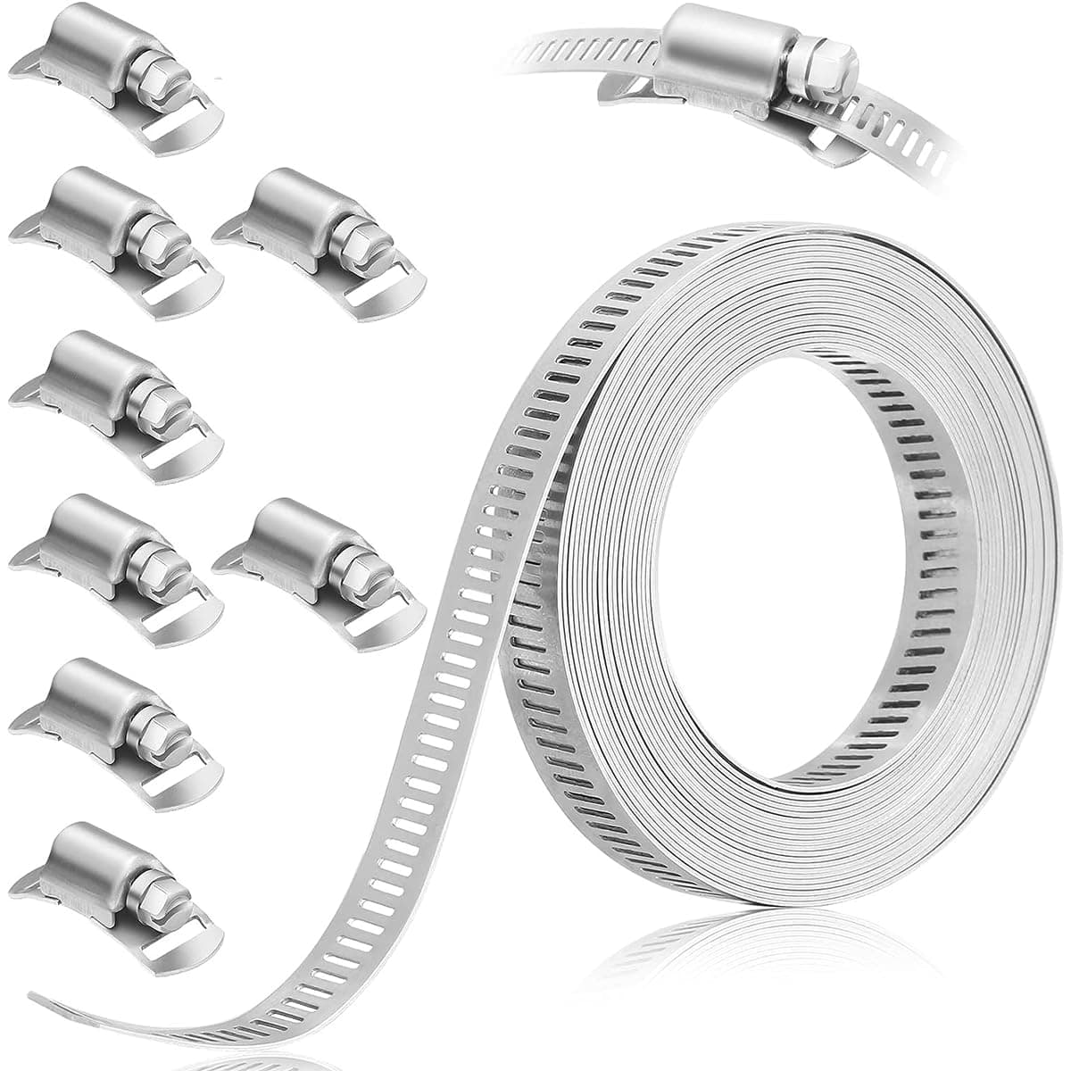 13.3ft Hose Clamp Roll DIY Hose Clamp Roll 304 Stainless Steel with 8 Fastening Bolts Attachment Cuttable Band for Plumbing,Pipe Repairing,DIY