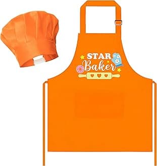R HORSE 2Pcs Kid Apron And Chef Hat Set, Adjustable Children Orange Kitchen Apron, Dress up Role Play Chef Toy, Cooking Baking Kit for Children Kid Funny Cooking Gift Birthday New Year Christmas Gift