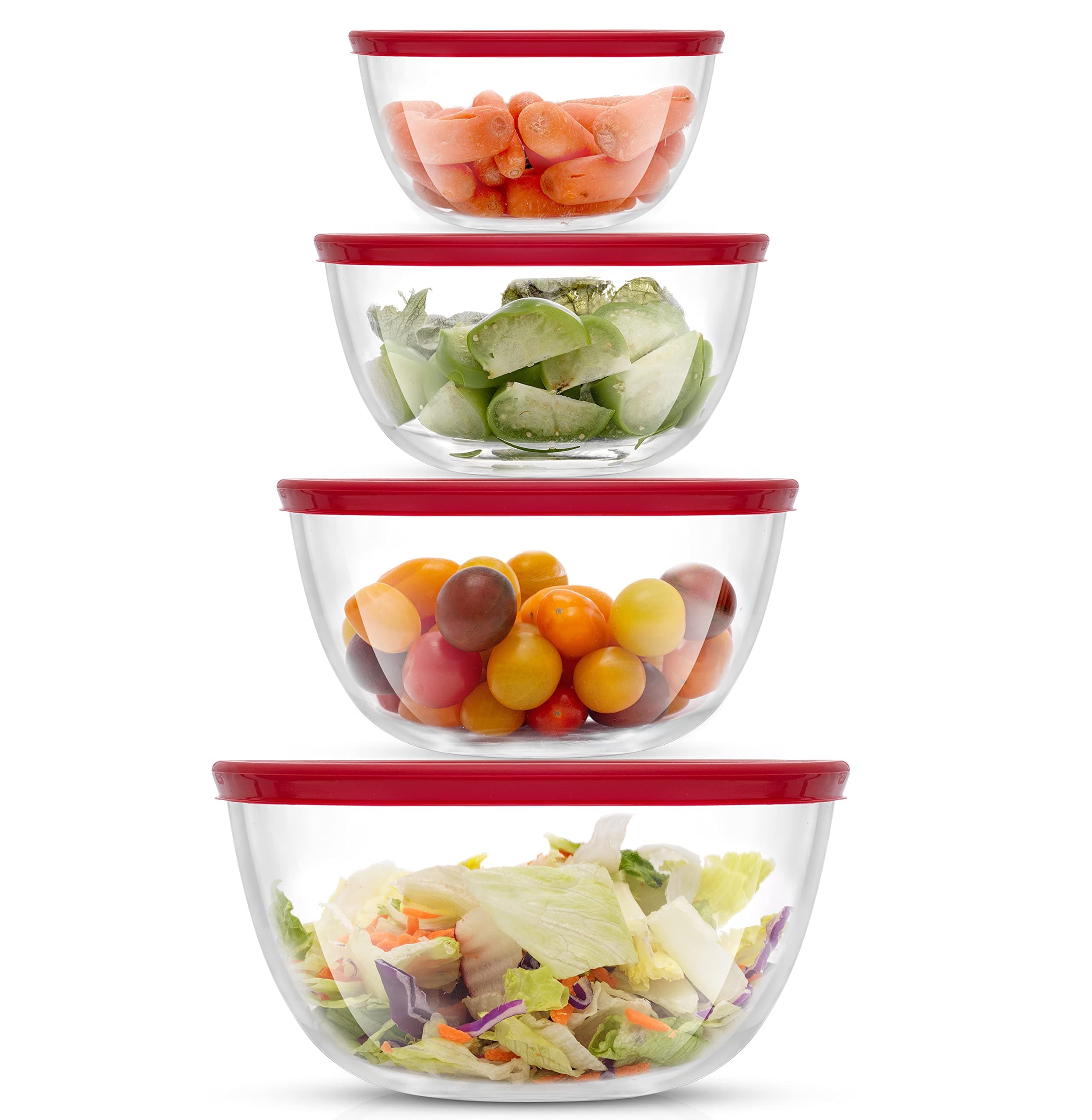JoyJolt Kitchen Mixing Bowls - 8pc Glass with Lids Set – Neat Nesting Large Bowl Batter Cooking Storage and Big Salad BPA-Free Red