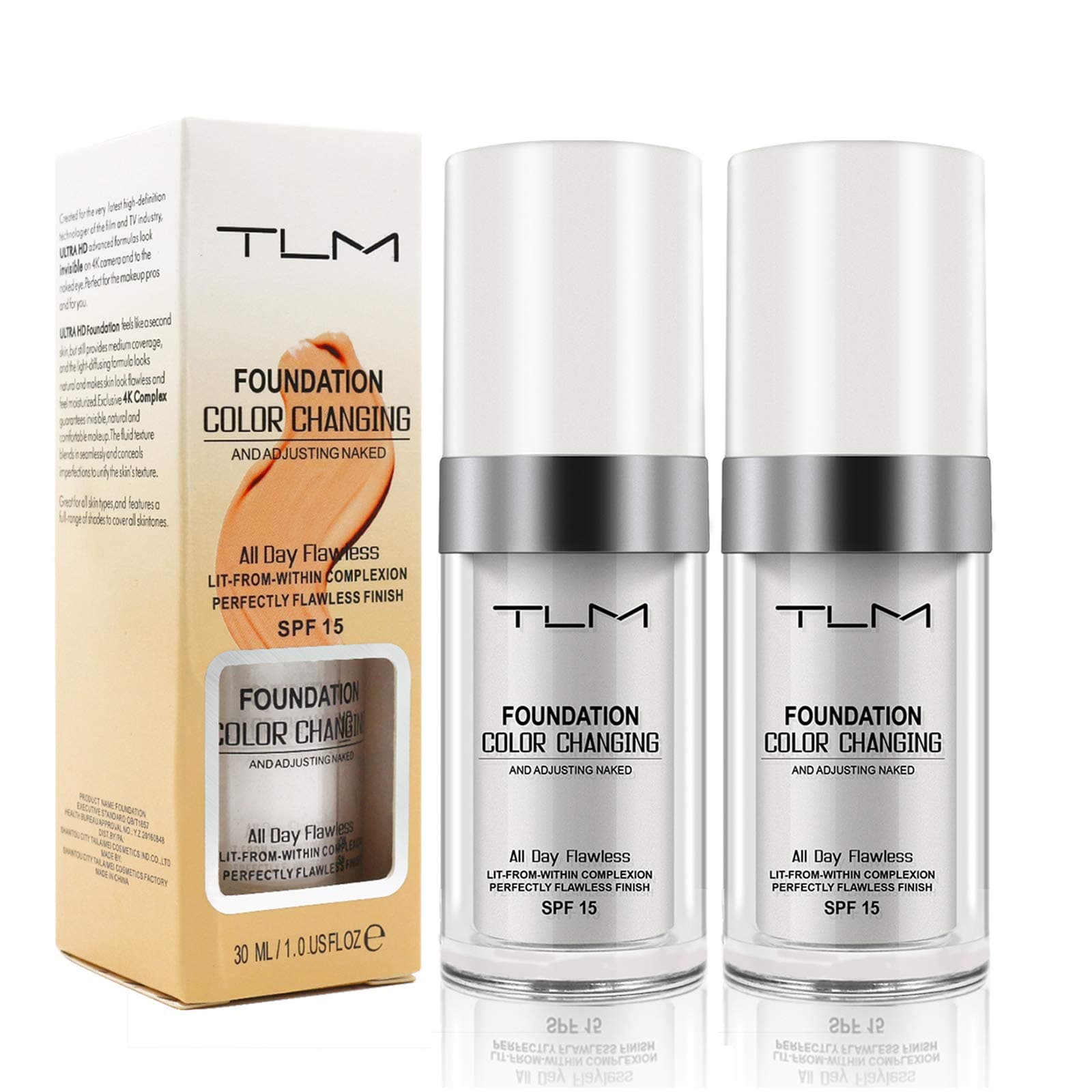 (2 Pcs) Colour Changing Foundation, Flawless Makeup Liquid Foundation, Warm Skin Tone Foundation, Base Nude Face Moisturizing Liquid Cover Concealer