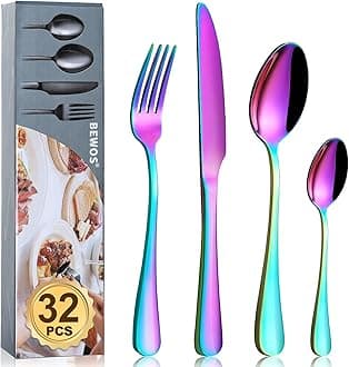 Cutlery Set, BEWOS 32-Piece Stainless Steel Flatware Set, Tableware Silverware Set with Rainbow Spoon Knife and Fork Set, Service for 8, Dishwasher Safe/Easy Clean, Mirror Polished