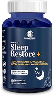 Biovitalia Natural Sleep Restore+ Sleeping Tablets, Deep Sleep Supplement for Better Sleep Non Habit Forming Support Formula for Healthy Sleep Cycle Men & Women - 60 Capsule