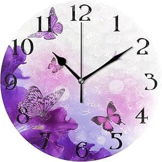 Purple Butterflies Wall Clock Battery Operated Clock Silent 9.5 Inch Non Ticking Wall Clocks for Bedroom Living Room Decorative