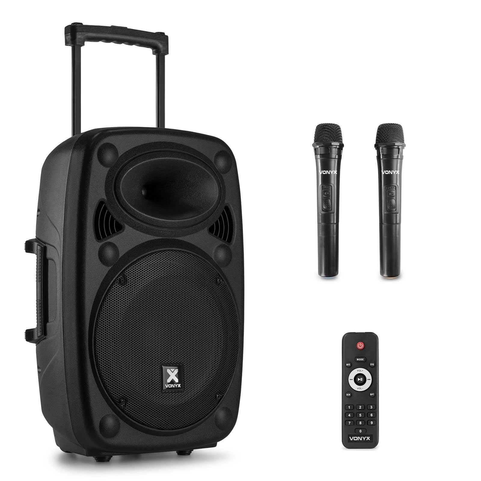 Vonyx Verve38 12-Inch Portable PA Speaker System with Wireless Microphones, 800W Battery Powered Sound System, Rechargeable Bluetooth Speaker With Microphone for Events, DJ, Parties