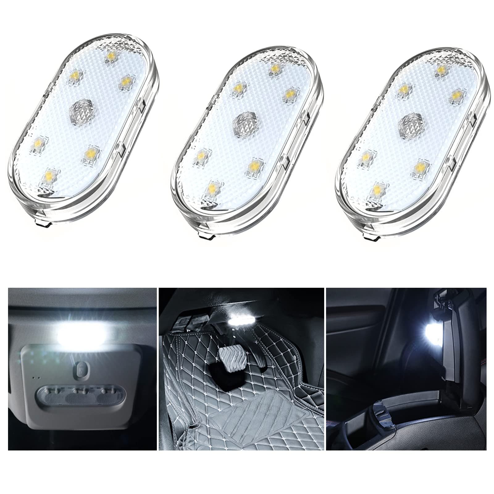 3Pcs Car LED Lights Interior, with 6 Bright LED Lamp Beads,USB Rechargeable Interior Car Light, Portable Car Interior Atmosphere Reading Light (Warm White)