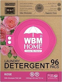 WBM Home 10-in-1 Laundry Pods, Total 96 Count, Ultra Concentrate with Powerful Stain Lifter Technology, Fabric Softener With Rose Extracts, Detergent Pods