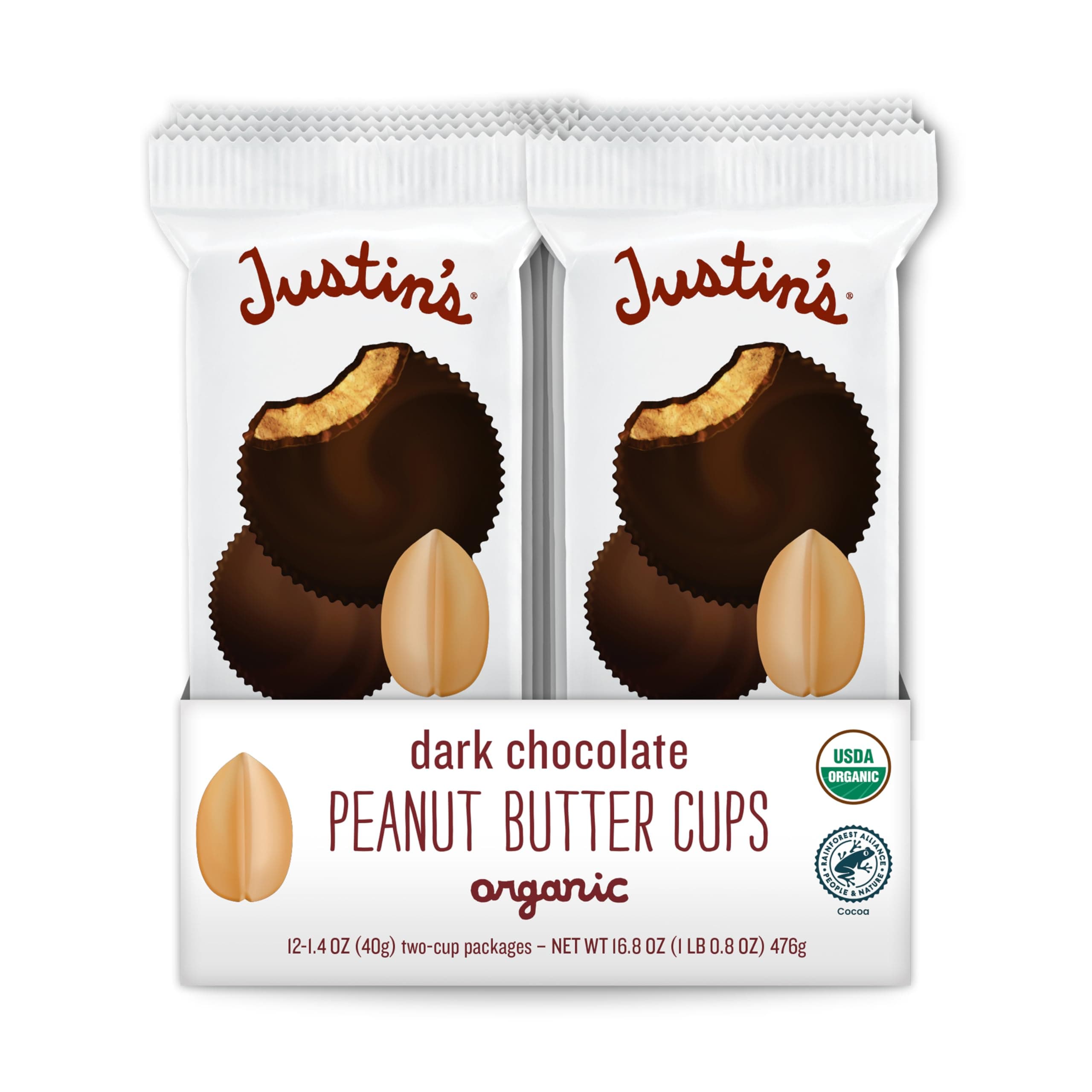 JUSTIN'S Organic Dark Chocolate Peanut Butter Cups, 12 Pack (2 cups each)
