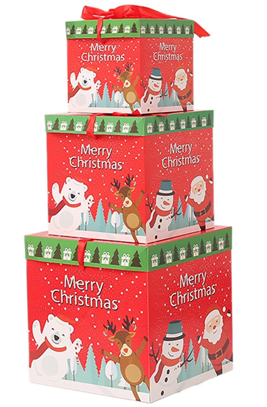 GGEROU Christmas Nesting Gift Boxes with Lids,3 Sizes Christmas Stackable Hard Paper Box,Nested Christmas Boxes Gift Wrap Boxes with Ribbon for New Year, Holiday, Birthday Gift Storage (B)