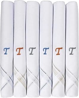 Caruso ItalyMen's Initial Monogram Embroidery 100% Pure Cotton Handkerchief White Base With Colored Border - Pack Of 6