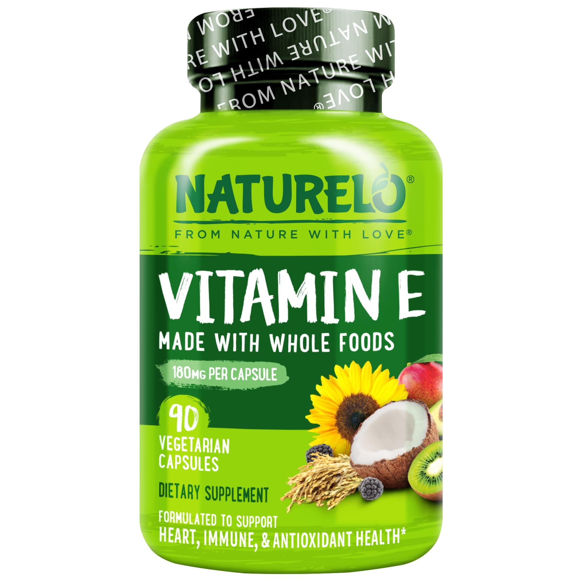 NATURELO Vitamin E Capsules 180 mg - 90 Vegan Capsules | Supports Skin, Hair, and Nails | Immune and Eye Health | Natural Mixed Tocopherols & Whole Foods | Non-GMO, Dry Vitamin E