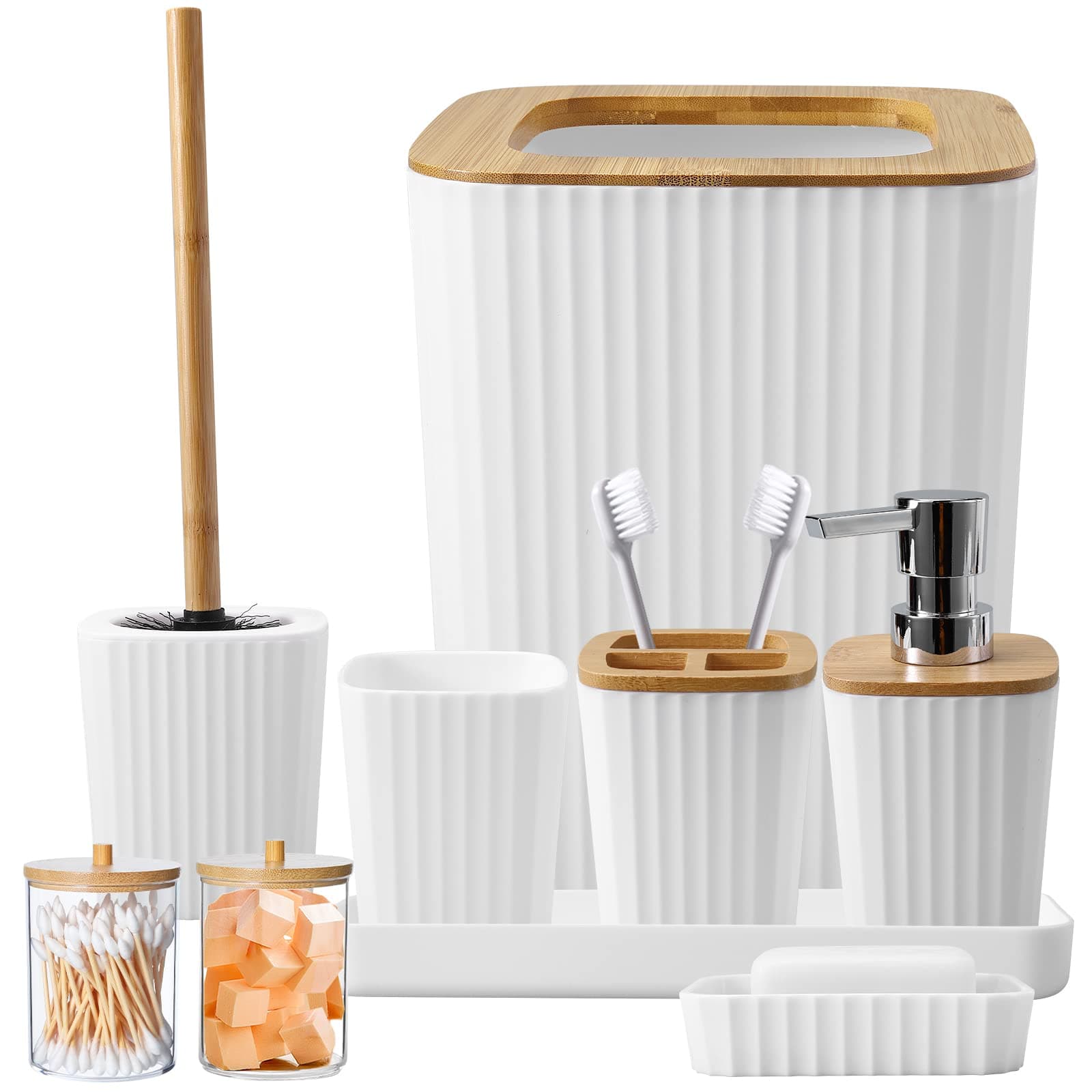 Bathroom Accessory Set, 9-Piece White Bathroom Set with Trash Can, Tray, Soap Dispenser, Toothbrush Holder, Toothbrush Cup, Soap Dish, Toilet Brush and Q-tip Holders for Bathroom/Housewarming