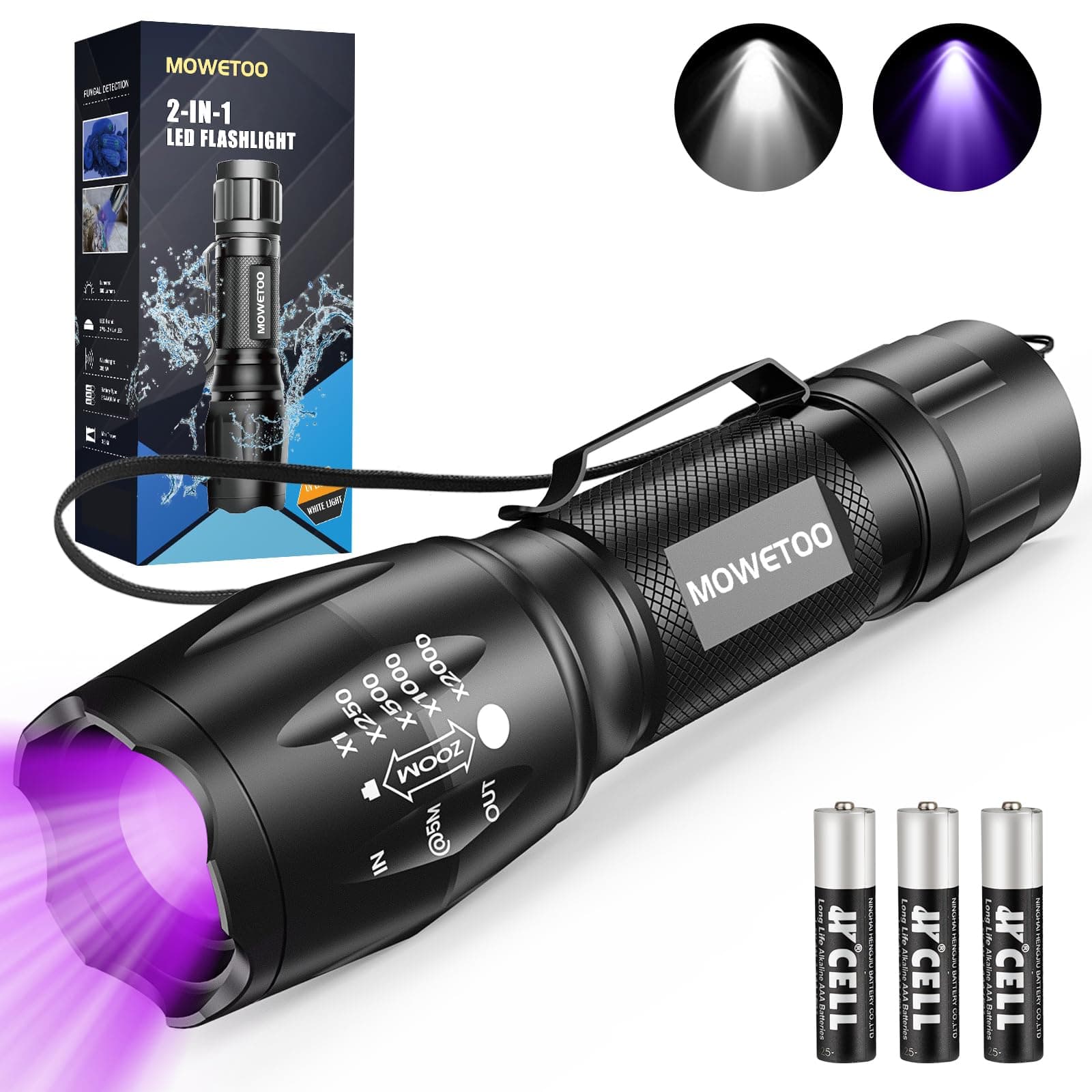 MOWETOO UV Flashlight, Portable Blacklight Flashlight, LED Torch with White and Ultraviolet Light Combo, Black Light Pet Urine Detector for Dog Cat Pee, ID Check, AC Leak, Bed Bug, Rocks, Resin