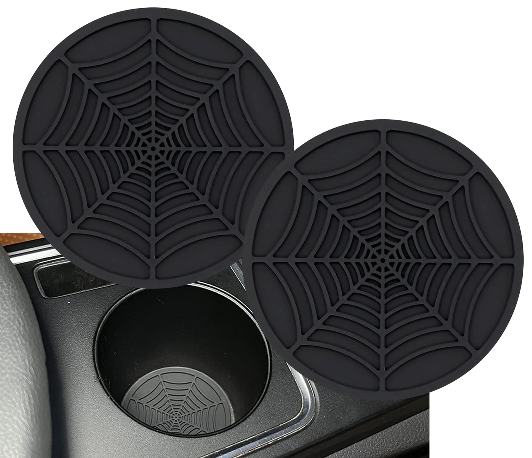 Car Cup Holder Coaster, 2 Pack Universal Auto Anti Slip Cup Holder Insert Ornaments Coaster, Durable, Suitable for Most Car Interior Accessories (Black-Spider Web)