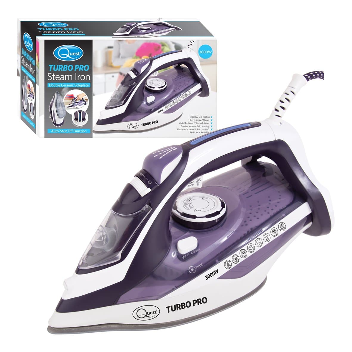 Quest 3000w Double ceramic Steam Iron, Rapid heating & Self cleaning with Auto shut off mode & Special Non-Stick Soleplate