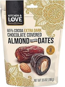 Kitchen & Love Chocolate Covered Almond Stuffed Dates in a Convenient Resealable Pouch, 8 Individually Wrapped Pieces, 85% Extra Dark Chocolate, Healthy Snack, 3.5 oz, Pack of 1