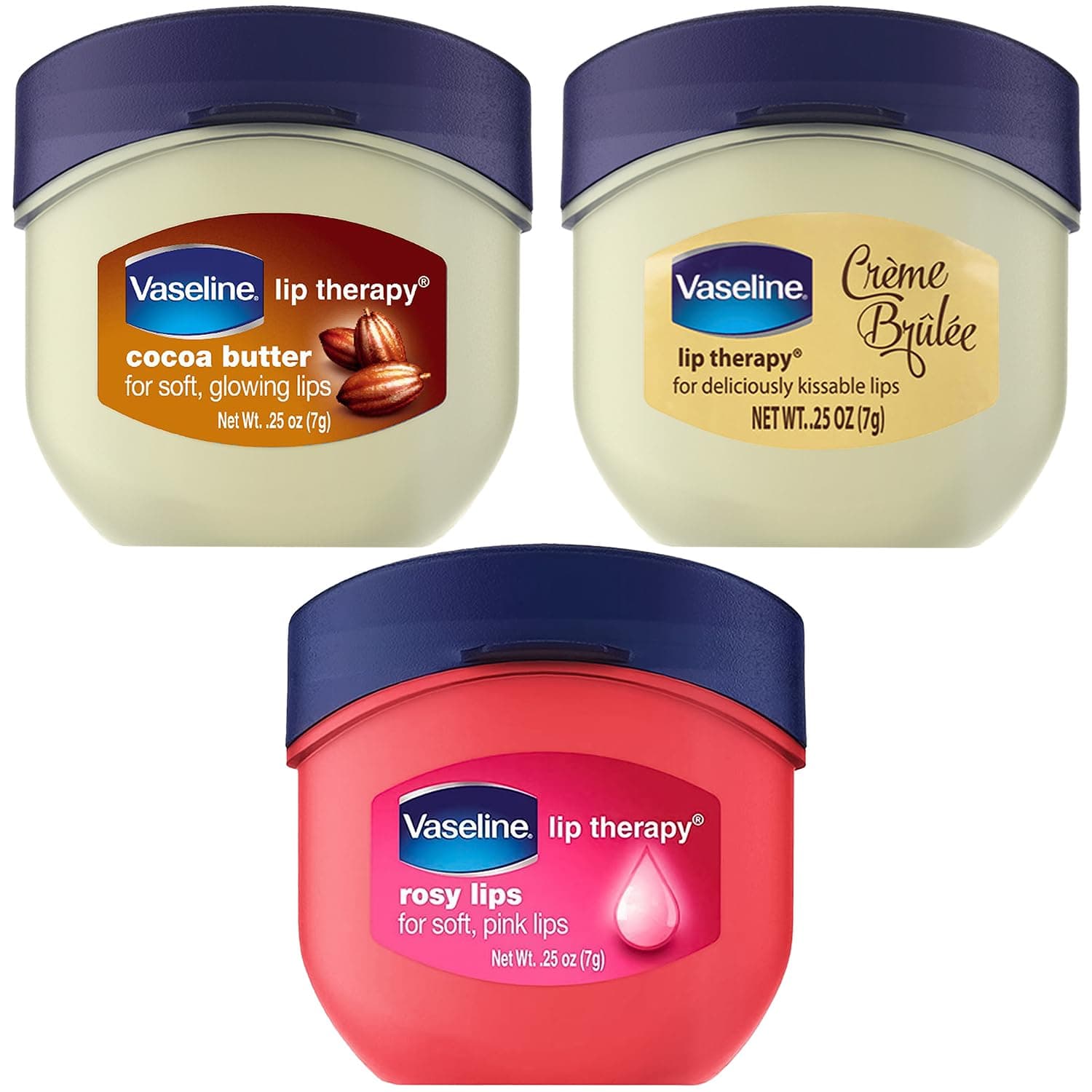 Vaseline Lip Therapy 0.25 Oz 3 Pack Bundle - Creme Brulee, Rosy Lips & Cocoa Butter