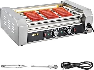 VEVOR Hot Dog Roller, 18 Hot Dog Capacity 7 Rollers, 1050W Stainless Steel Cook Warmer Machine with Dual Temp Control, LED Light and Detachable Drip Tray, Sausage Grill Cooker for Kitchen Restaurant
