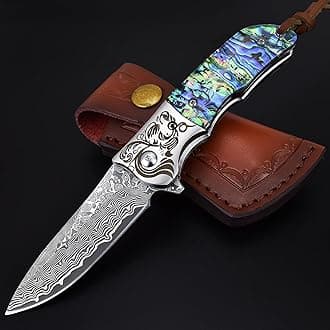 EDC Damascus Pocket Knife with Leather Sheath, Abalone Shells Handle, Handmade Damascus Steel Folding Knives with Clip for Everyday Carry, Excellent Gifts for Men Women Hunting
