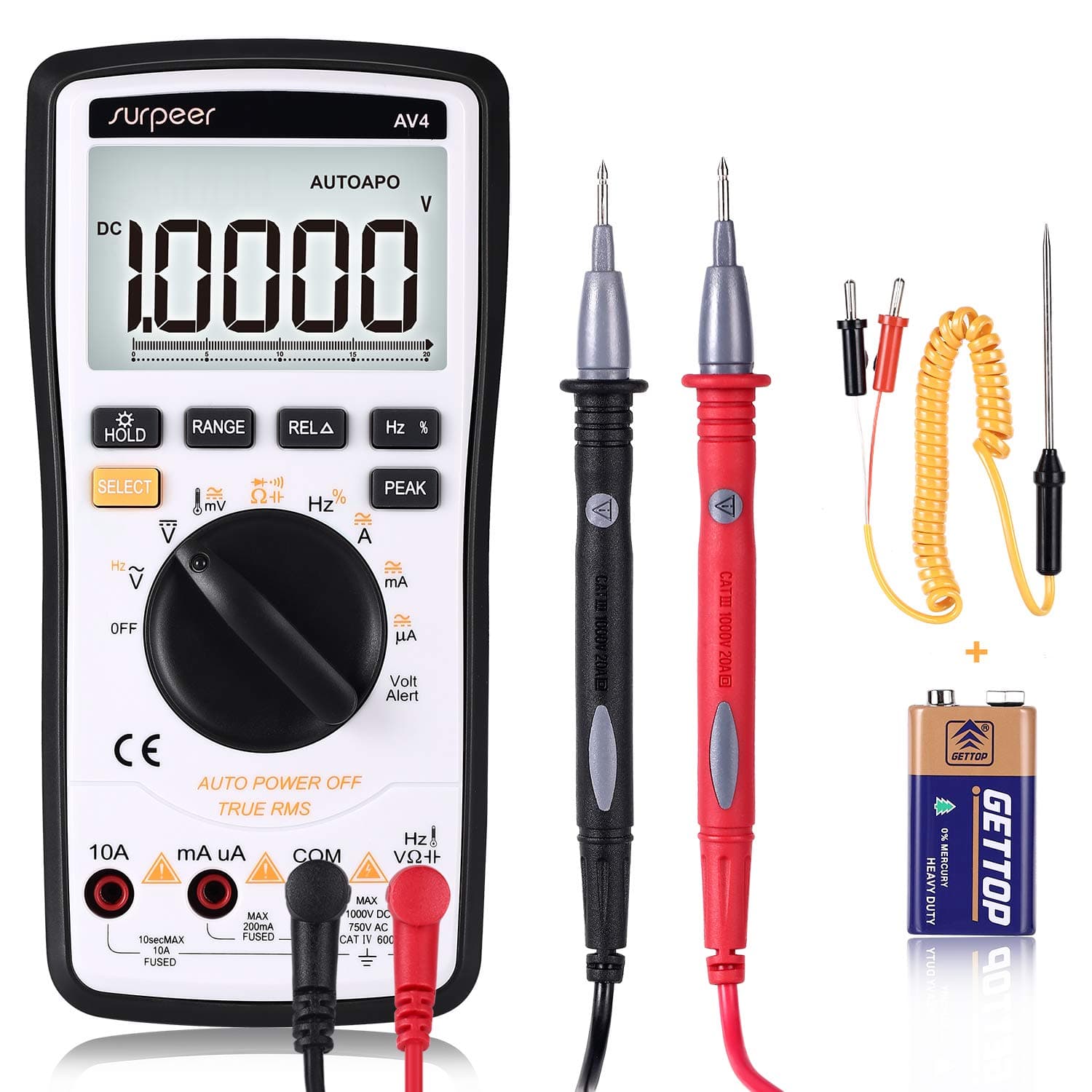 Digital Multimeter, SURPEER 20000 Counts Multi Capacitor Tester True RMS Auto Range Voltmeter - DC AC Voltage Current Ohm Resistance Diode Temperature Continuity Frequency Electric Field Testing