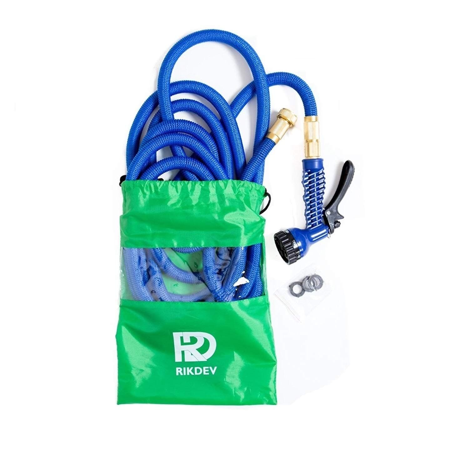 Garden Hose Rikdev® 100ft Expandable Hose Pipe Blue - New Stronger Double Latex Inner Tube & NEWER Anti Kink Material - 7 Pattern Spray Gun with Anti Leakage SCREW on Brass Fittings and Shut off Valve - Includes a FREE Custom Drawstring Bag for Easy Storage