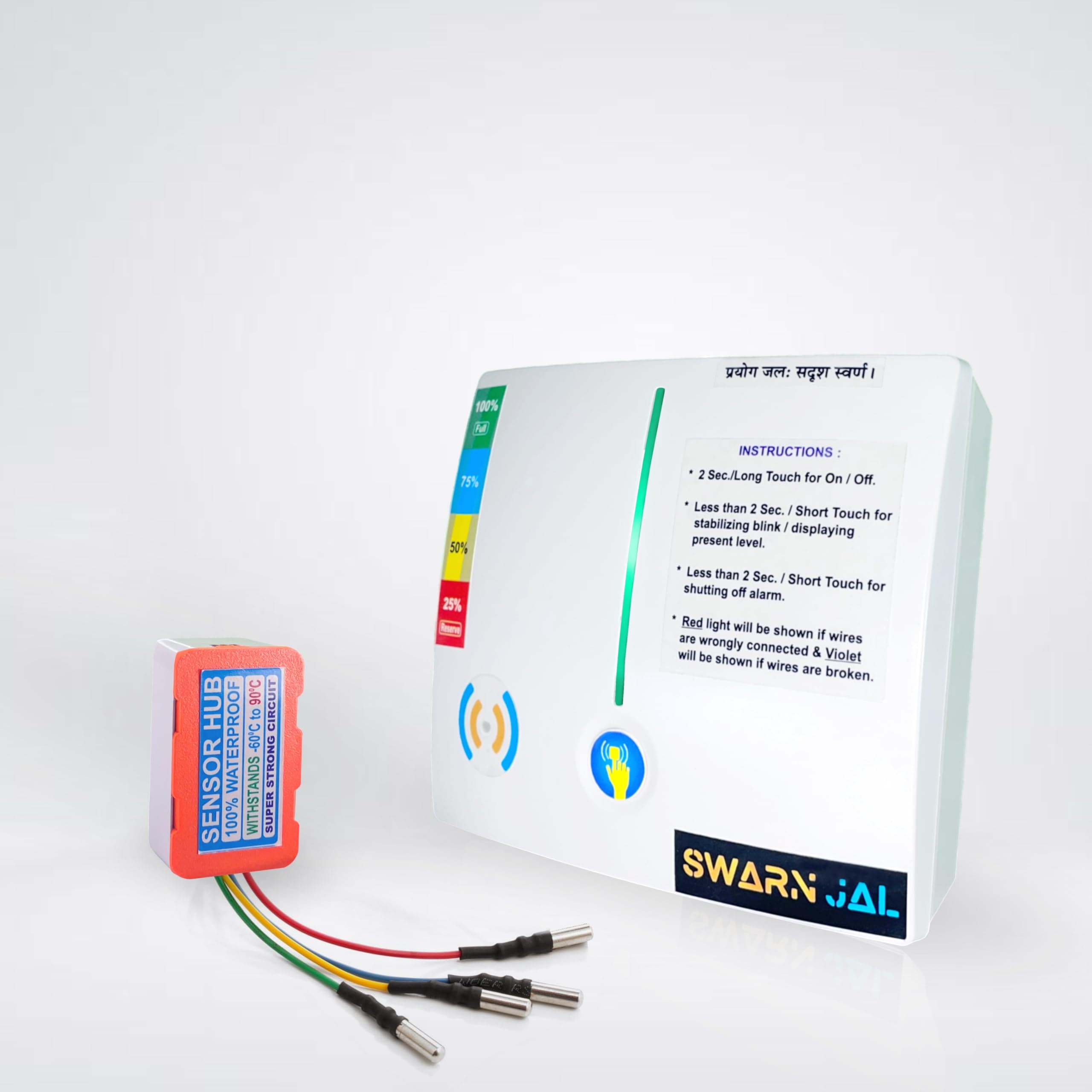 Swarn Jal (Model: A-SE) with Dual Alarm Water Tank Overflow and Empty Alarm with 4 Level Indicator (Patented Technology),Cell Powered, Shock Proof, Single Pair Wire Transmission