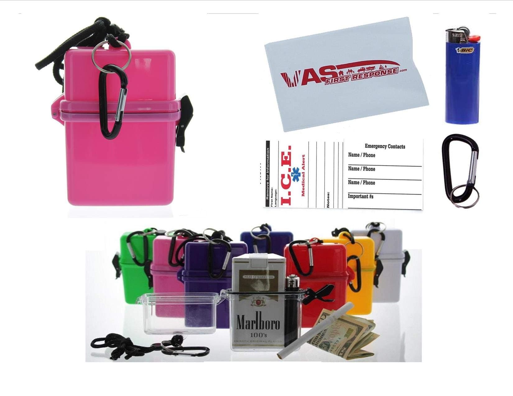 Pink Waterproof Cigarette Pack Case (Spills & Splashes), with BIC Lighter & Bonus RFID Protection Credit Card Sleeve! - Travel Beach Pool Boating & Camping Hard ABS Plastic Lanyard & Carabiner