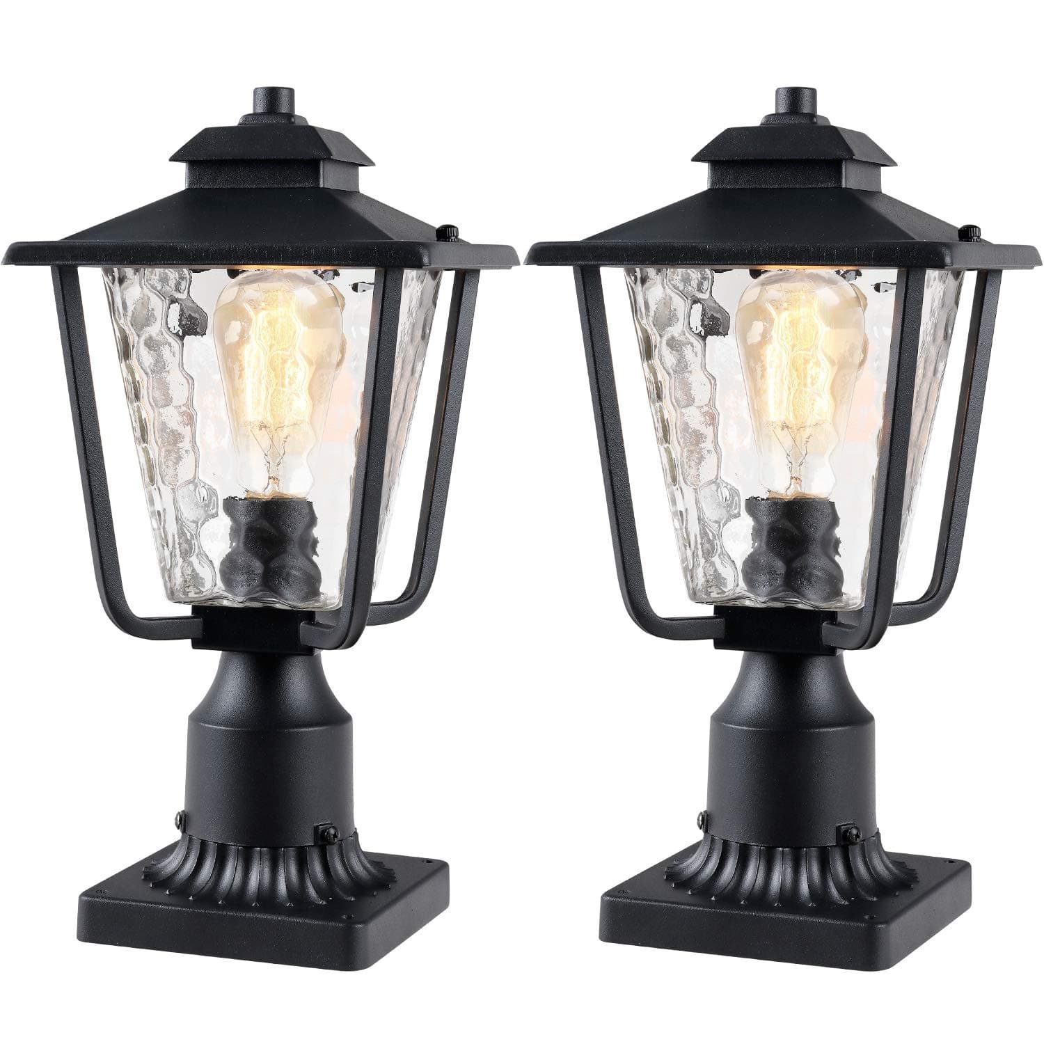 Outdoor Post Light 2 Pack, Outdoor Post Lantern with Pier Mount Adapter (7.9”W x 13.4”H), Pier Light in Sanded Black Finish with Bubble Glass, Lamp Post Mount Lighting Fixture 2145-1G-2PK