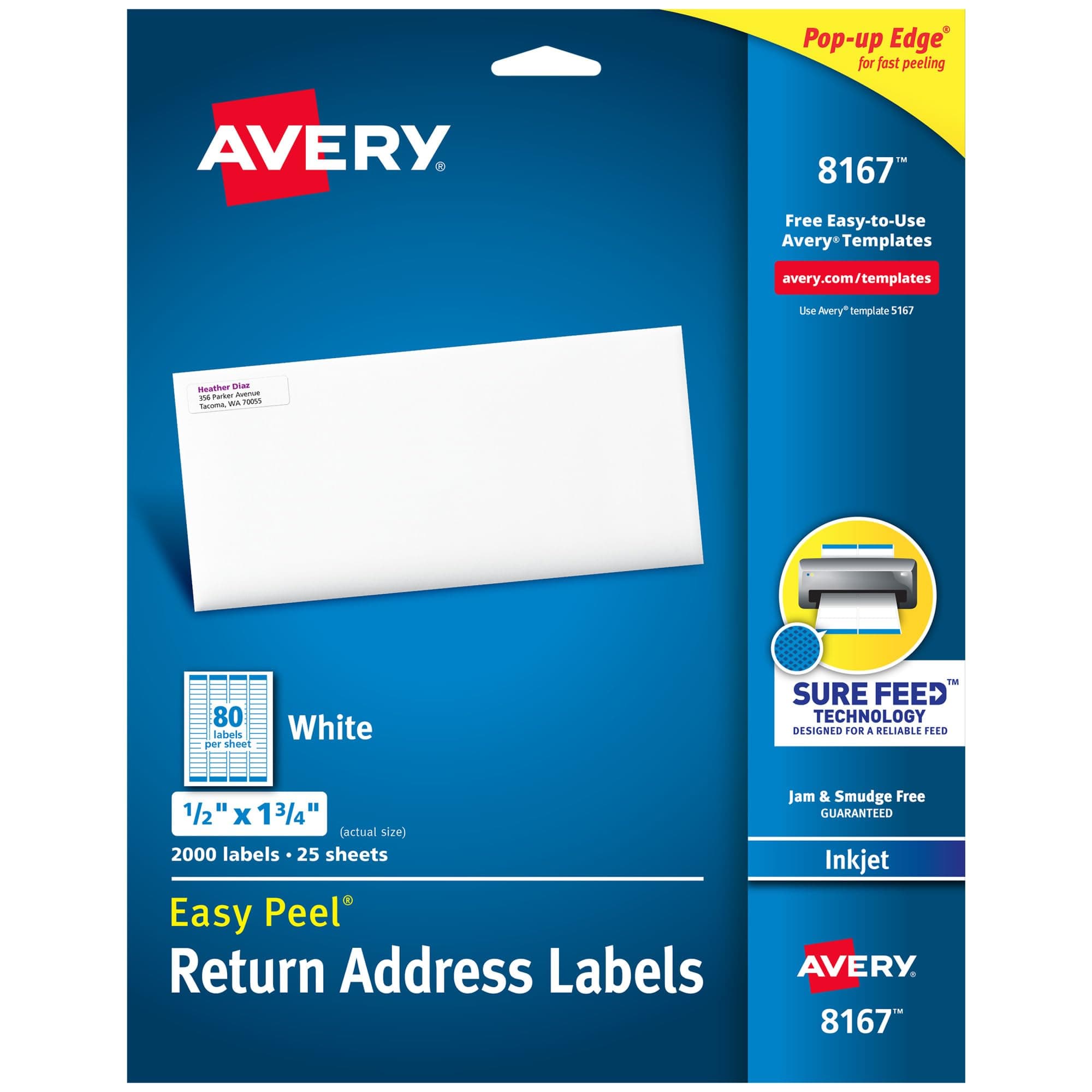 Avery Printable Return Address Labels with Sure Feed, 0.5" x 1.75", White, 2,000 Blank Mailing Labels (08167)